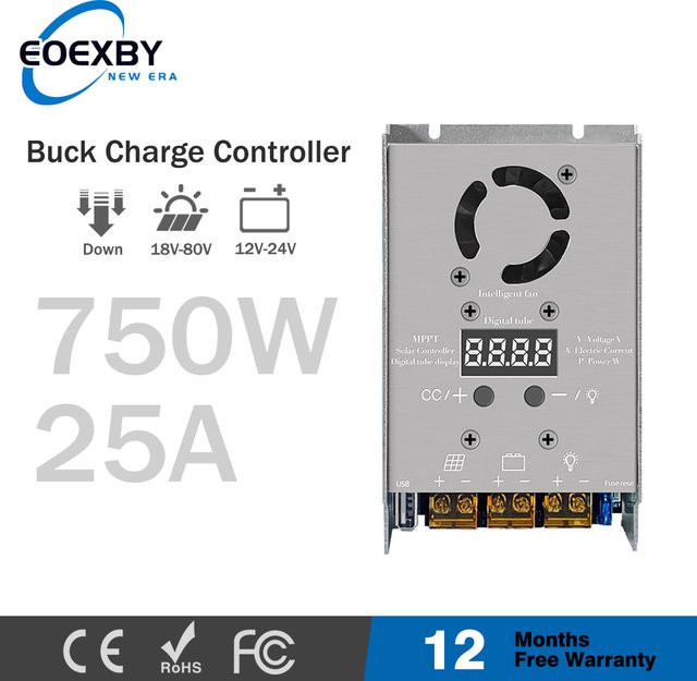 EOEXBY MPPT 750W Stepdown Solar Laderegler für 12V 24V Lithium Blei-säure Gel Batterien in Silber, Eingang 18V-80V mit Echtzeit-Tracking und einstellbarer Steuerung - Bild 1