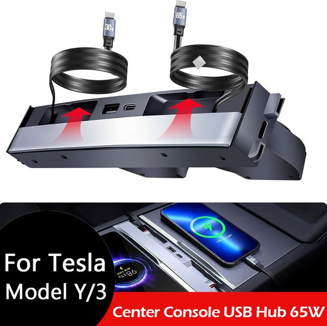 MIYOKAKING 65W USB-Hub für Tesla Model Y Juniper und Model 3 Highland, 4-Port USB-C Schnellladegerät, Schwarz - Bild 1