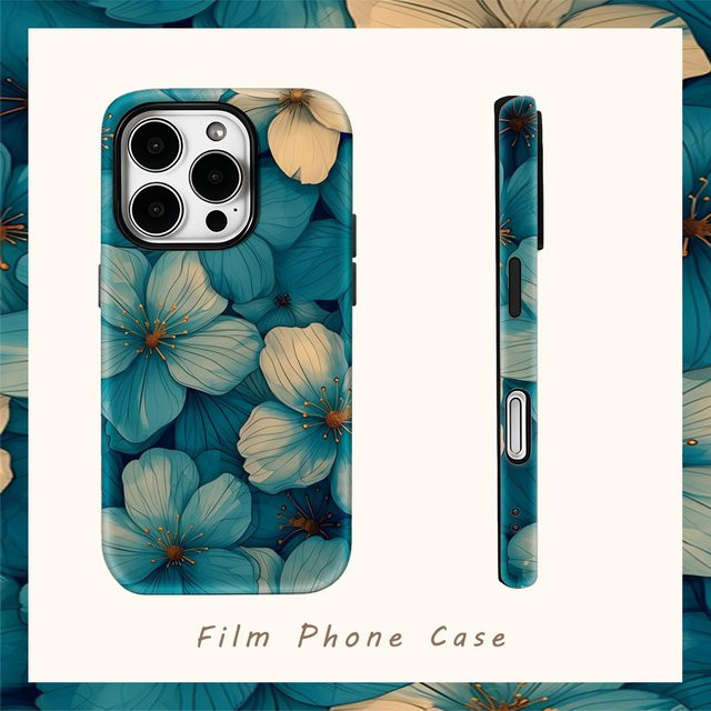Blaugrüne Blumen-Cluster Handyhülle für Apple iPhone 17 Pro Max Plus 16 15 14 13 12 11 mit doppellagiger Rückseite - Bild 1