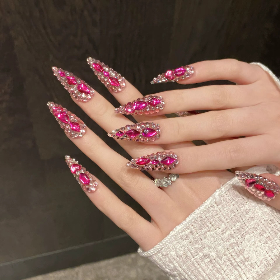 YADORNOS Press On Nails, rosafarbene Stiletto Kunstnägel mit Glitzer, 10 Stück - Bild 3