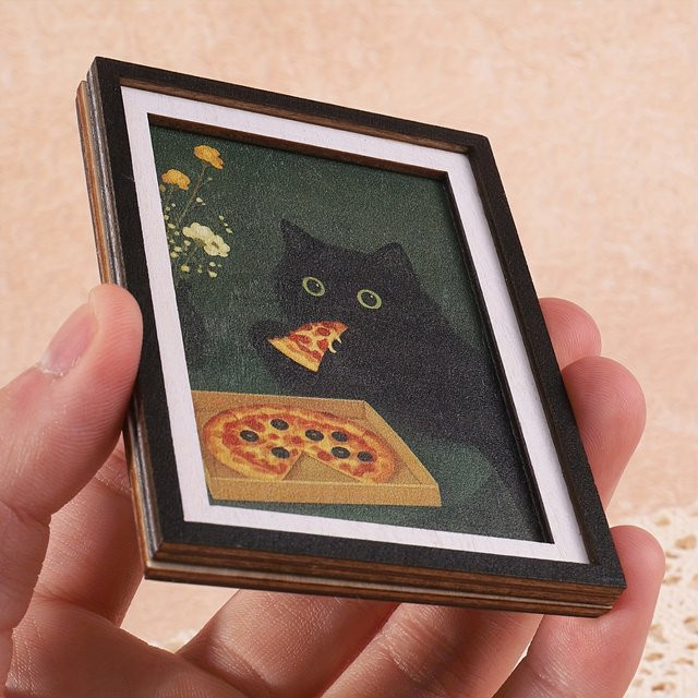 Exquisiter Mini 3-Schicht-Fotorahmen Kühlschrankmagnet mit Schwarzer Katze und Pizza-Muster in Schwarz und Multicolour aus Holz - Bild 1