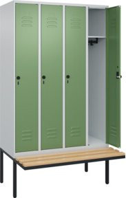 C+P Spind Classic PLUS Garderobenschrank mit Sitzbank, 4 Abteile, Lichtgrau/Resedagrün/Schwarzgrau/Grün, B/T/H: 212,0 x 120,0 x 81,5 cm - Bild 1