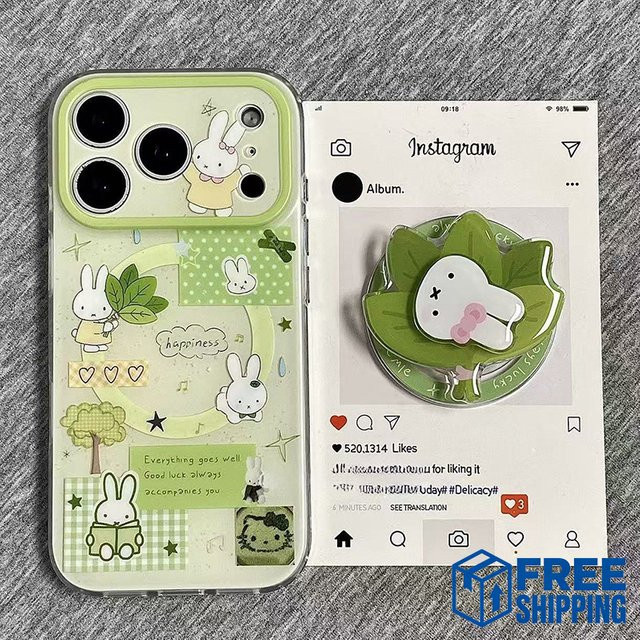Miffy Handyhülle mit magnetischem Halter für iPhone 17 16 15 14 in Multicolour, sturzsicheres Cartoon Design mit Hase und Blatt - Bild 1