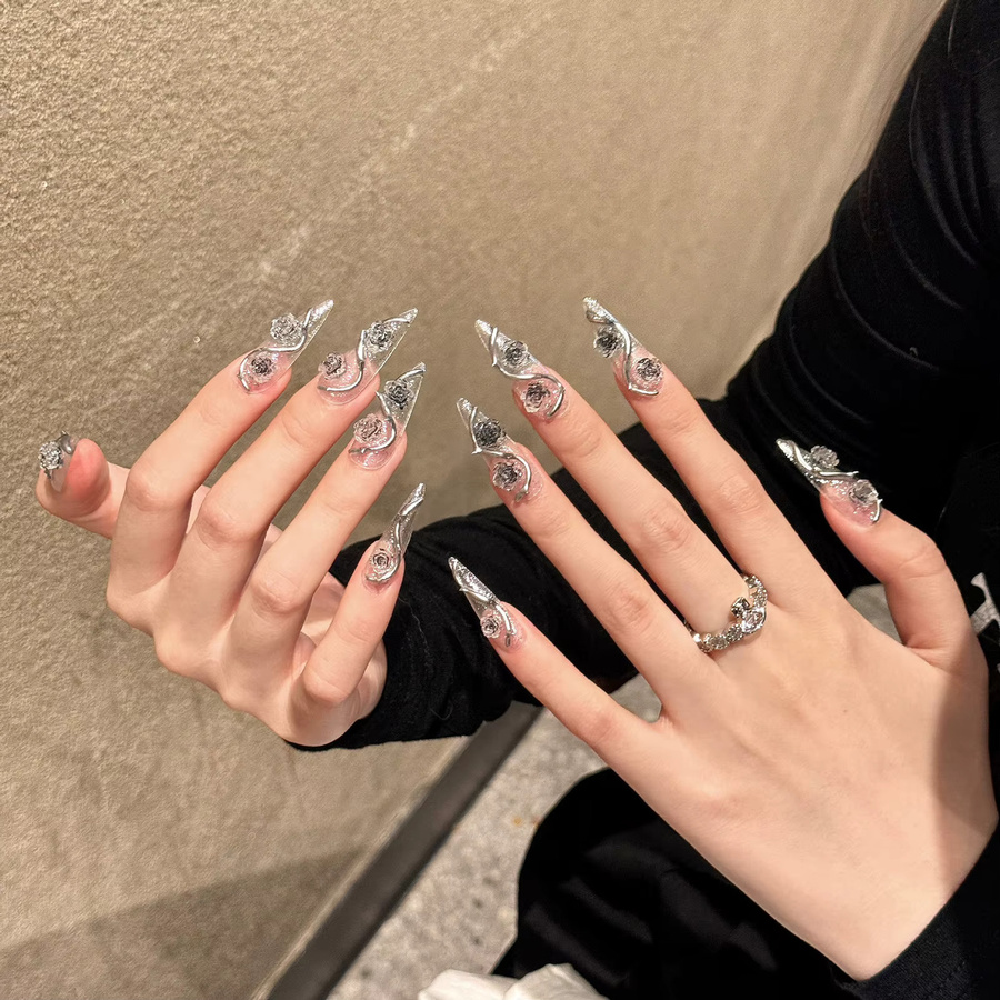YADORNOS Stiletto-Nägel zum Aufdrücken, 3D-Rosen-Blumendekor, Glänzend, 10 Stück - Bild 3