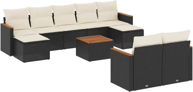 vidaXL 10-tlg Garten-Sofagarnitur aus Polyrattan und Akazienholz in Schwarz mit cremeweißen Kissen - Bild 1