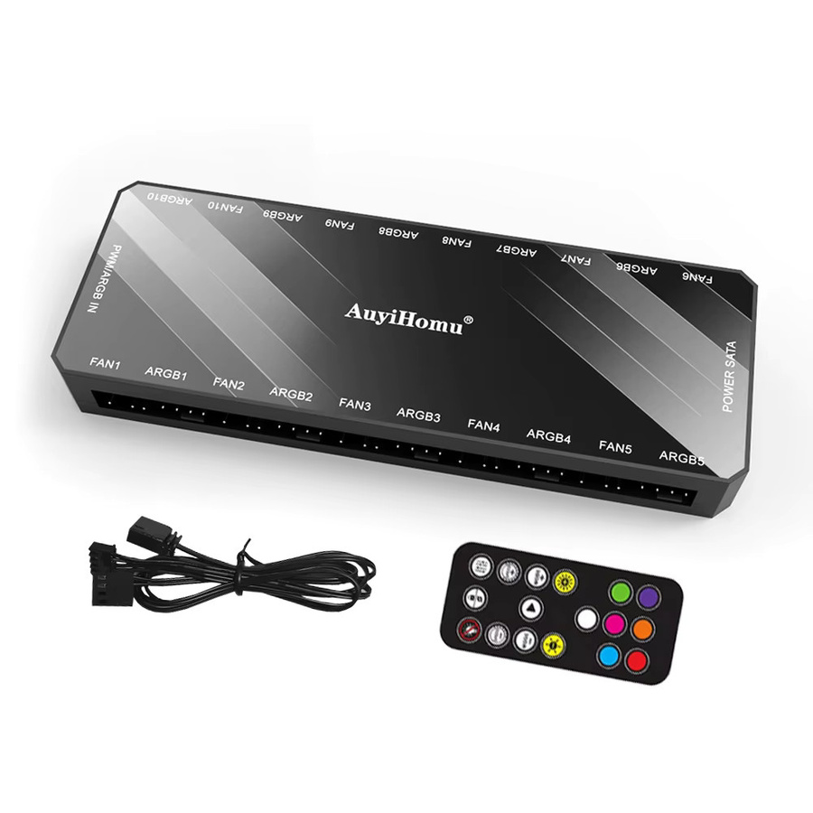AuyiHomu 10-Port PWM ARGB Lüfter-Hub mit Fernbedienung und magnetischer Halterung in Schwarz mit SATA-Stromversorgung zur PC-Lüftersteuerung und ARGB-Lichtsynchronisation - Bild 3