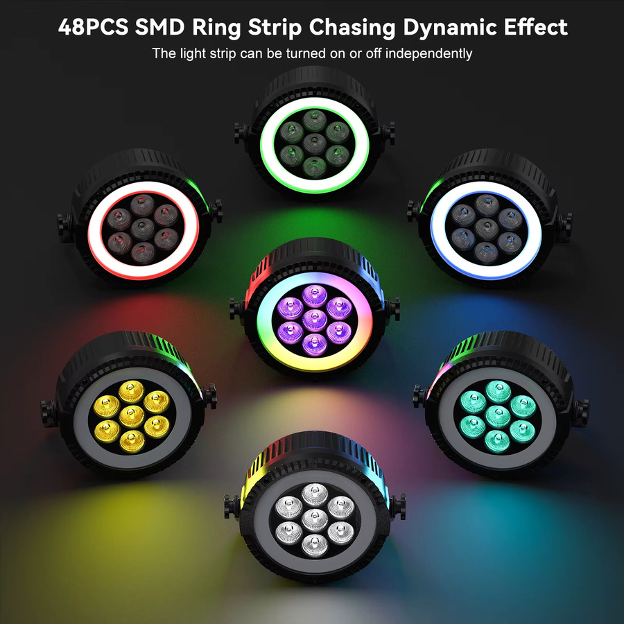 U'King 4er Set RGBW Par Licht mit 7 LEDs und 48 SMD Ringstreifen-Effekt für DJ, Disco und Party, Schwarz, B/T/H: 24,0 x 22,0 x 22,0 cm - Bild 3