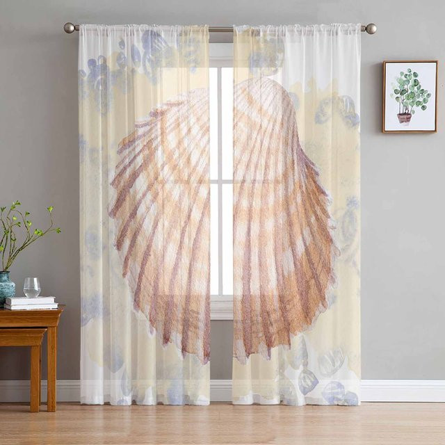 Super Six Retro Aquarell Muscheln Tüll Fenstervorhang aus Chiffon, Farbe: Weiß/Mehrfarbig, Breite: 135 cm, Höhe: 114 cm - Bild 1