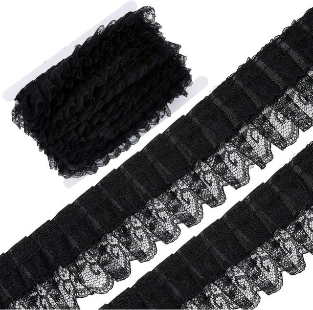 Plissierter Organza-Spitzenbesatz in Schwarz, doppellagiges gerafftes Spitzenrandband aus Tüll, Breite: 5,1 cm, 10 Yards Länge - Bild 1