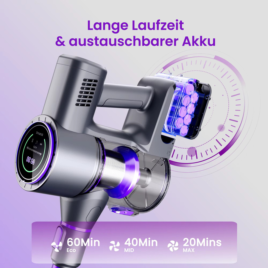 SmartAI P40 5-in-1 Modulierbarer Akku-Stabsauger kabellos mit 55Kpa Saugkraft, 60 Min. Laufzeit, HEPA-Filter, 1,3l Staubbehälter, LED-Licht und Display - Bild 3