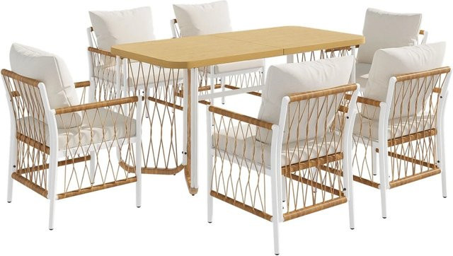 Merax Outdoor-Set für Garten und Terrasse mit pulverbeschichtetem Eisengestell, geflochtenen Armlehnen und Kissen in Weiß, Beige oder Braun - Bild 1