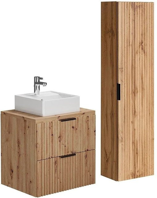 Badmöbel-Set Zevara im Boho-Stil in Naturfarben Hell mit Keramik-Aufsatzwaschbecken und Hochschrank, Breite: 60 cm - Bild 1