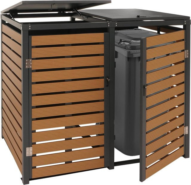 MCW 2er Mülltonnenverkleidung K14 Mülltonnenbox aus WPC und Metall in Teak-Optik, H x B x T: 84 x 119 x 134 cm - Bild 1