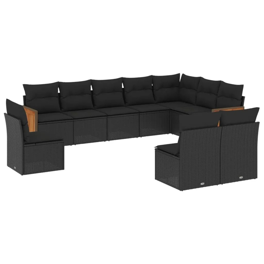 vidaXL 10-tlg. Garten-Sofagarnitur in U-Form aus Poly-Rattan und Akazienholz mit Kissen, Schwarz - Bild 2