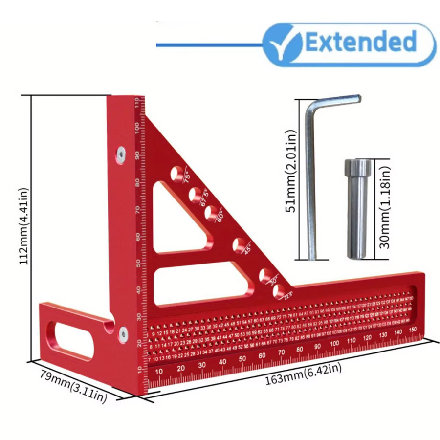 FNICEL 2-in-1 Quadratischer 3D-Winkelmesser mit schnellem Winkelpositionierungs-Dübelstift und Messlineal für die Holzbearbeitung in Rot - Bild 2