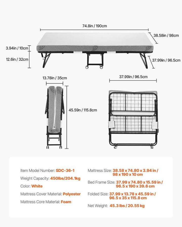 Klappbett von Buying Solutions, MB mit Schaumstoffmatratze für Erwachsene, Farbe Weiß, B/T/H: 198,1 x 96,5 x 39,6 cm - Bild 3