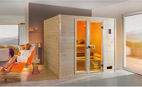 Weka Massivholzsauna Valida Plus in Beige mit 9 kW Ofen, integrierter Steuerung und Glasfront, H x B x T: 189 x 203,5 x 172 cm - Bild 3