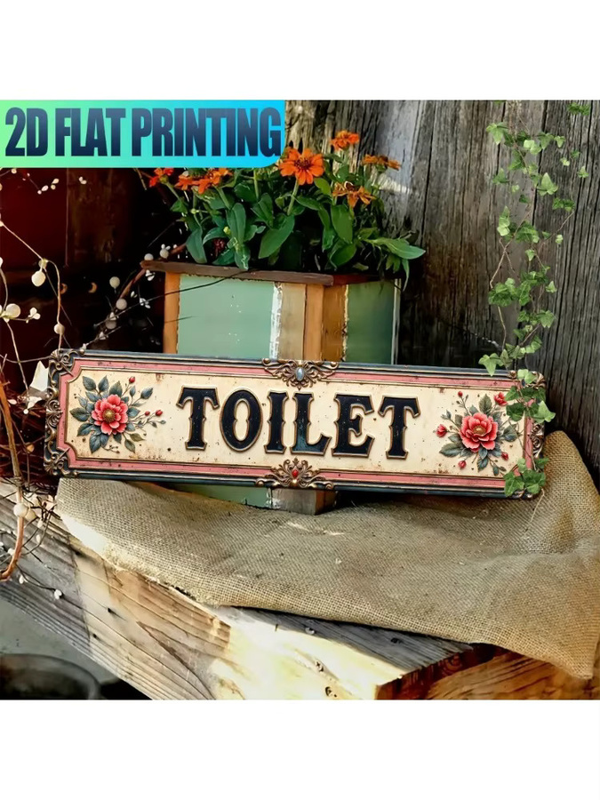 HELLOYOUNG Vintage Toilettenschild aus Metall mit floralem Design in Multicolour, Wandtafel für Bauernhaus-Stil und Cafés, Breite: 40 cm, Höhe: 10 cm - Bild 3