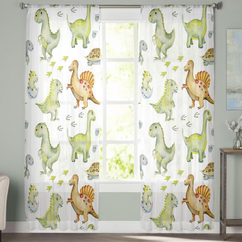 A Family Of Home Textiles Dinosaurier Cartoon Fenster Tüll Vorhang, halbtransparent, mehrfarbig, B: 135 cm, H: 114 cm - Bild 2