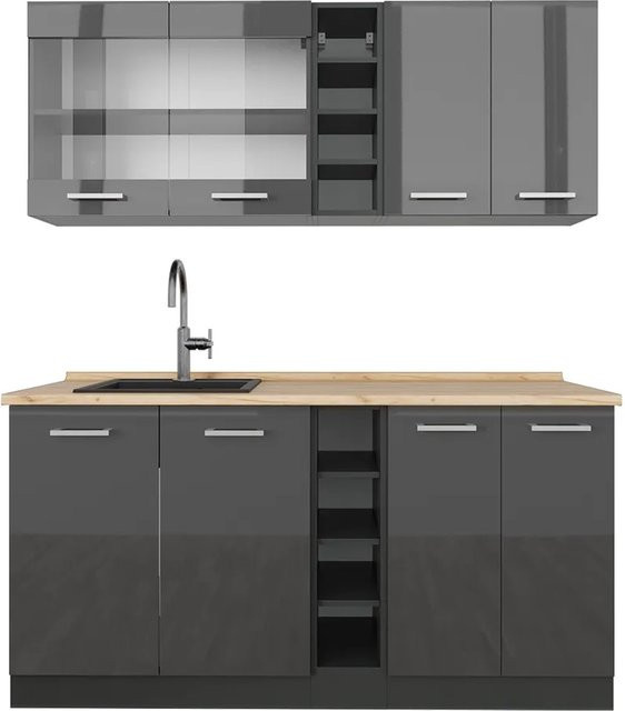 Vicco R-Line Singleküche Anthrazit Hochglanz und Eiche, Breite: 160 cm - Bild 1