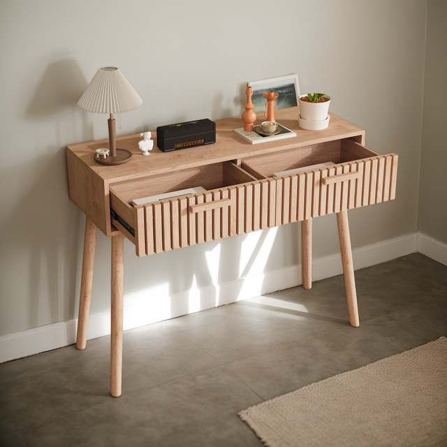Comanlai Beistelltisch aus Holz mit 2 Schubladen und Tischecken, Naturfarben, B/T/H: 100 x 35 x 80 cm - Bild 1
