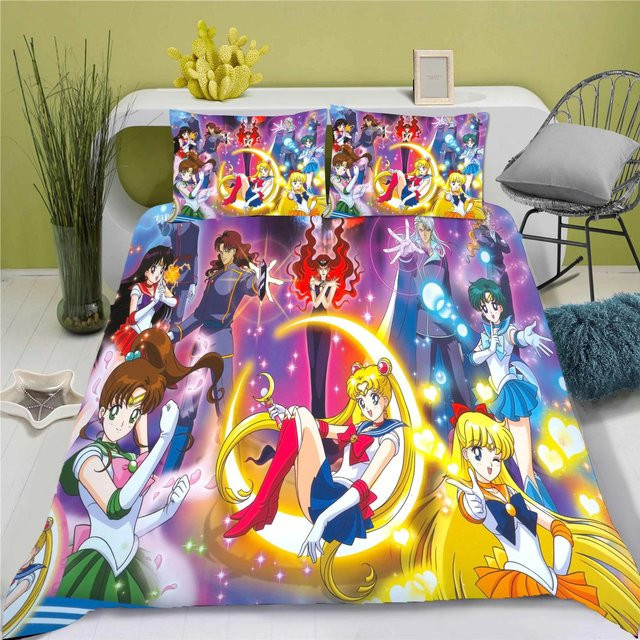 3D Sailor Moon Anime Bettwäscheset aus Polyester, 3-teiliges Set mit Bettbezug und Kissenbezug, Mehrfarbig, Bettbezug Breite: 140 cm, Höhe: 210 cm - Bild 1