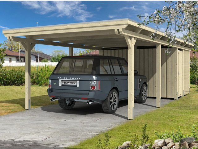 Skan Holz Carport Emsland mit Abstellraum in Natur und Beige, B/T: 404 x 846 cm, Firsthöhe: 242 cm - Bild 1