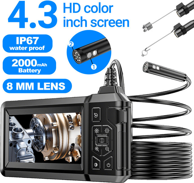 AOERWEI Industrie-Endoskop mit 4,3 Zoll HD-Display, 1080P Auflösung, IP67 wasserdicht, Einzel- und Doppellinsen-Option, 2000mAh Akku, Farbe: Schwarz - Bild 1