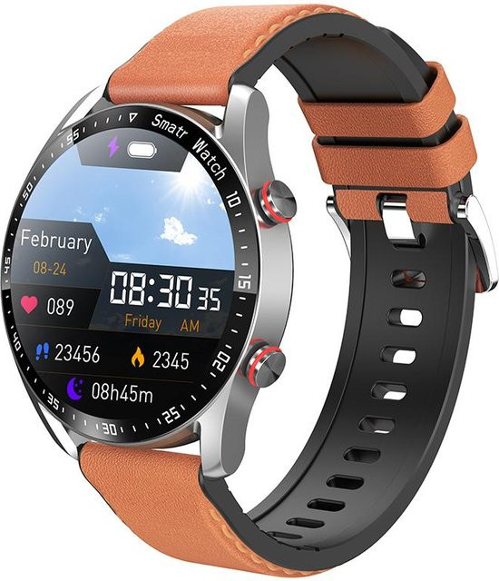 QLY Online Smartwatch für Herren mit 1,5 Zoll Display, Bluetooth Anruffunktion, EKG und Herzfrequenzmessung, wasserdicht, Farbe: Silber mit Lederarmband - Bild 1