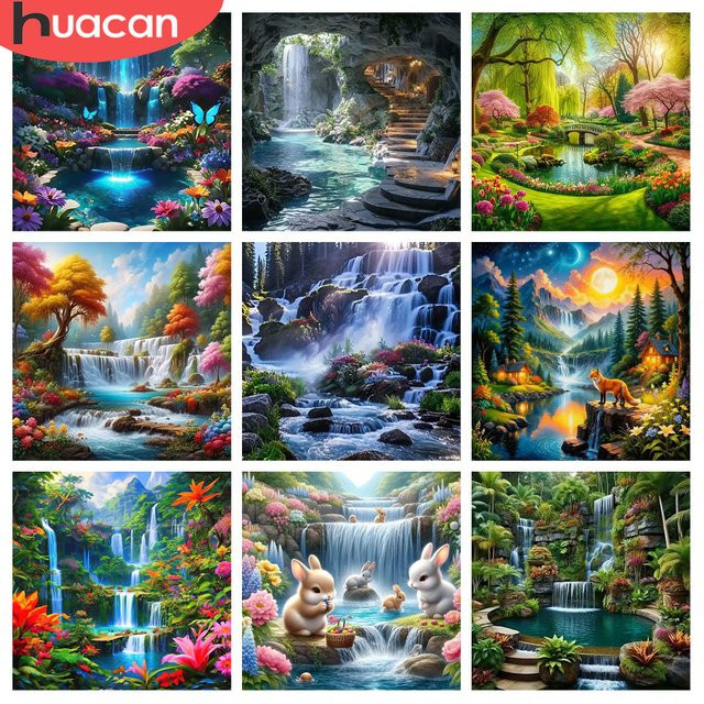 HUACAN 5D-Diamant-Mosaik Set Wasserfall Landschaft Wandkunst zum Selbermachen, Mehrfarbig, B/H: 20 x 20 cm - Bild 1