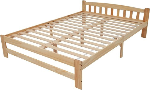 KOMHTOM Doppelbett aus Massivholz Kiefer Natur mit Kopfteil und Lattenrost, B/T/H: 140 x 205 x 55 cm - Bild 1