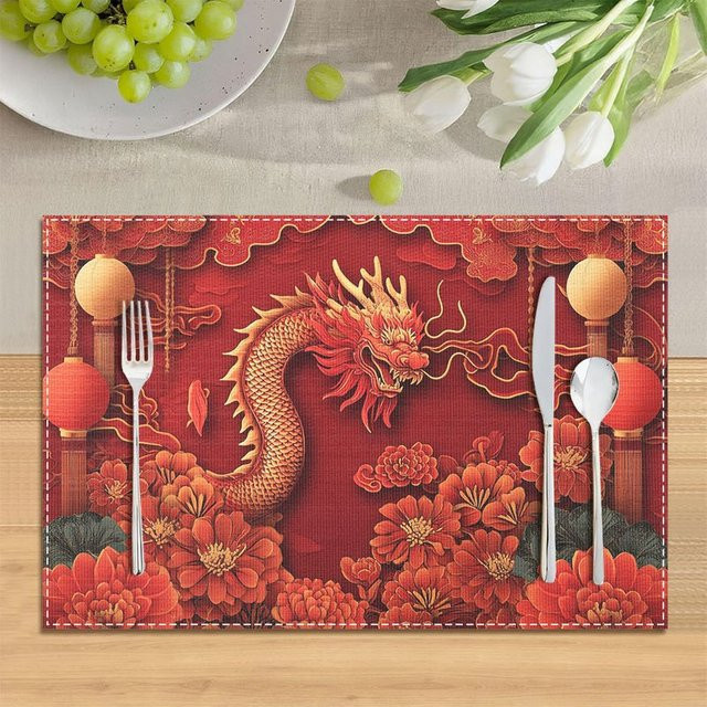 VIKAMA Drachenmuster Matte im orientalischen Stil, rot, maschinenwaschbar - Bild 1