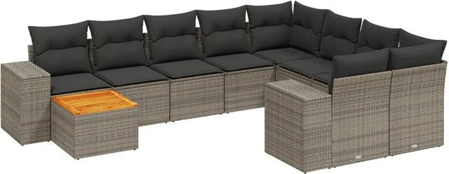 vidaXL 10-teilige Garten-Sofagarnitur in L-Form aus grauem Poly-Rattan mit Kissen und pulverbeschichtetem Stahlgestell - Bild 1