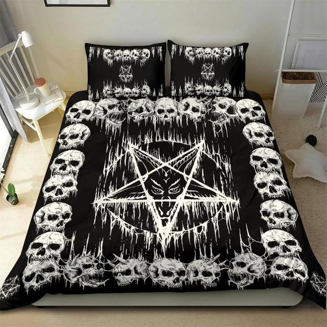 Bettwäsche-Set Your Warm Home mit Totenkopf und Baphomet Motiv in Blau, Rosa oder Schwarz, bestehend aus Bettbezug und Kissenbezug, Breite: 70 cm, Länge: 133 cm - Bild 1