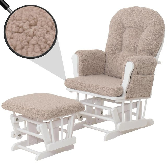 MCW Relaxsessel C76 Schaukelstuhl mit Hocker aus Bouclé Stoff in Braun mit weißem Holzgestell - Bild 1