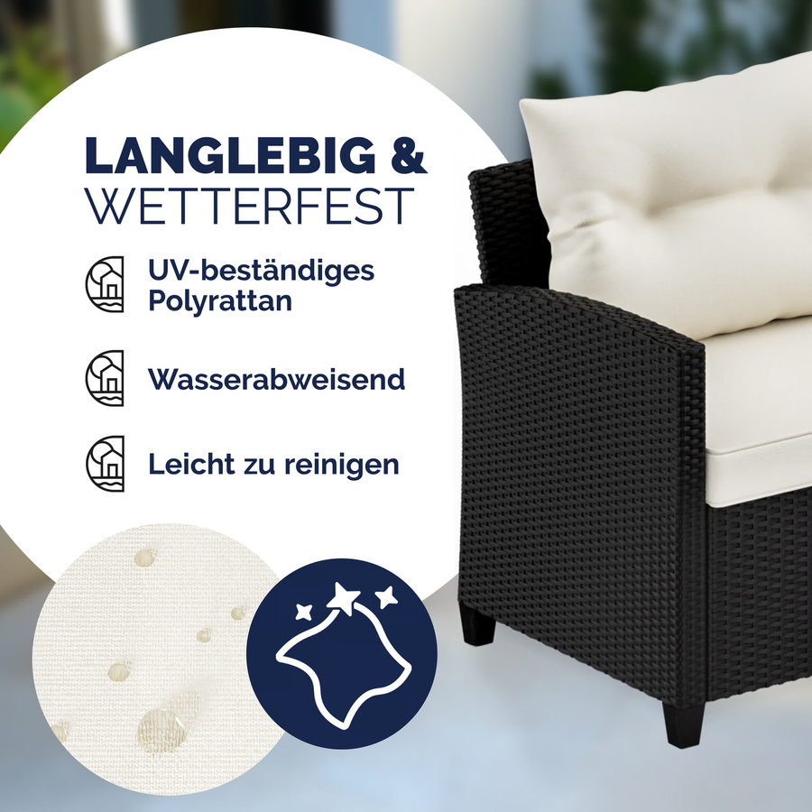 Casaria® Polyrattan Ecklounge in Schwarz und Beige mit Kissen, Ottoman und Couchtisch für den Garten - Bild 2