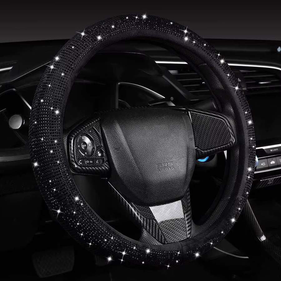 Universeller Lenkradbezug mit schwarzen Kristallrhinestones, atmungsaktiv und rutschfest, passend für 14,2-15 Zoll, Farbe: Schwarz - Bild 2