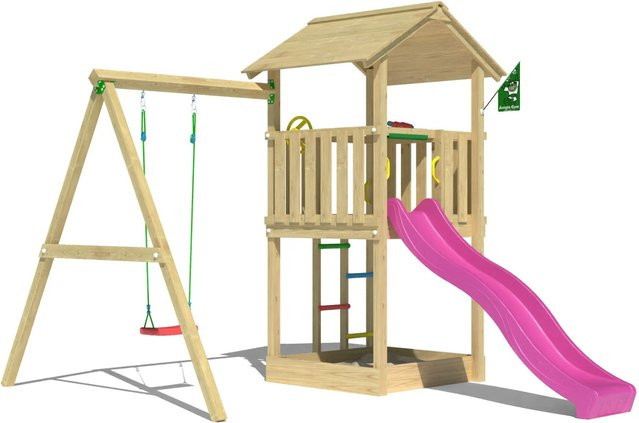 Jungle Gym Spielturm Beacon aus Holz mit Einzelschaukel und Rutsche in Fuchsia und Multicolour - Bild 1