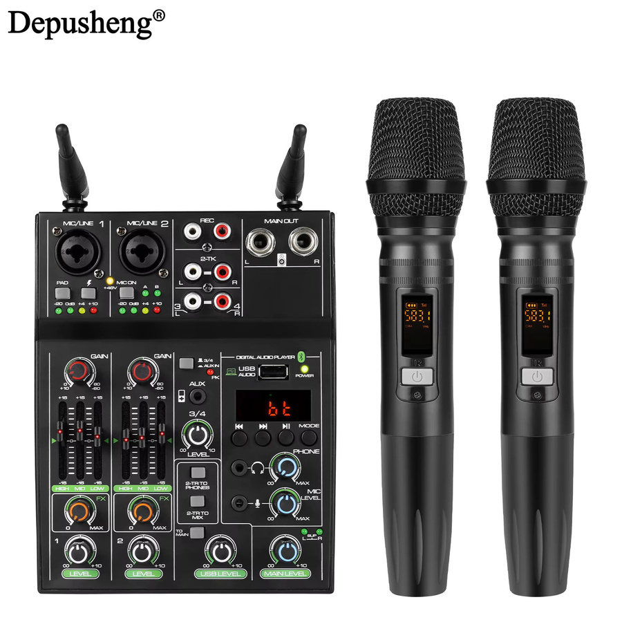 Depusheng Professioneller 4-Kanal Audio-Mixer in Schwarz mit zwei drahtlosen Mikrofonen, Bluetooth, USB-Schnittstelle und 48V Phantomspeisung für DJ-Mixing und PC-Aufnahmen - Bild 2