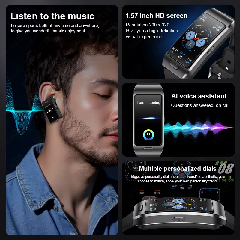 LIGE 2-in-1 Bluetooth Kopfhörer Smartwatch mit GPS-Tracker und Herzfrequenz-Überwachung für Android und iOS in Schwarz oder Blau - Bild 2