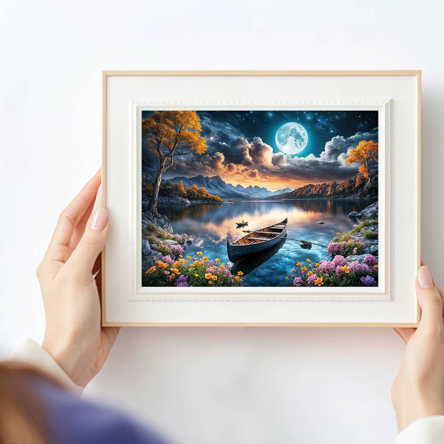 Huacan Diamant-Gemälde Mond und Blumenboot als Landschafts-Mosaik in Multicolour, B/H: 30 x 20 cm - Bild 3