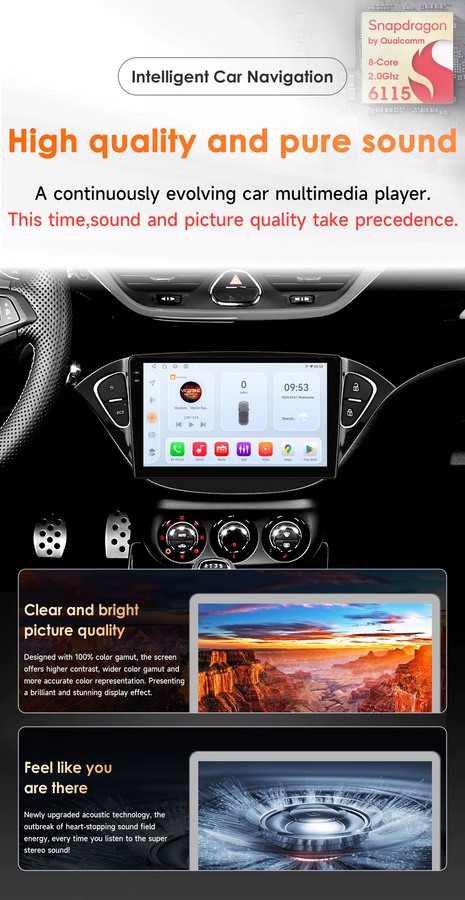 OSSURET Android 14 Autoradio mit 9-Zoll 2-DIN Display, Qualcomm Snapdragon 6115 Octa-Core, kabelloses CarPlay und Android Auto, DSP Audio und SWC, Schwarz, passend für Opel Adam 2013-2016 und Corsa E 2015-2019 - Bild 2