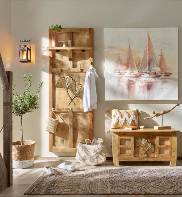 Truhenbank von Heine Home aus Mangoholz und Rattangeflecht in Braun und Beige, B/T/H: 86 x 46 x 46 cm - Bild 1