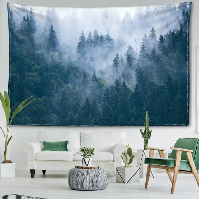 Wandteppich Super Six mit nebliger Waldlandschaft in Blau, Boho-Stil, B/H: 95 x 73 cm - Bild 1