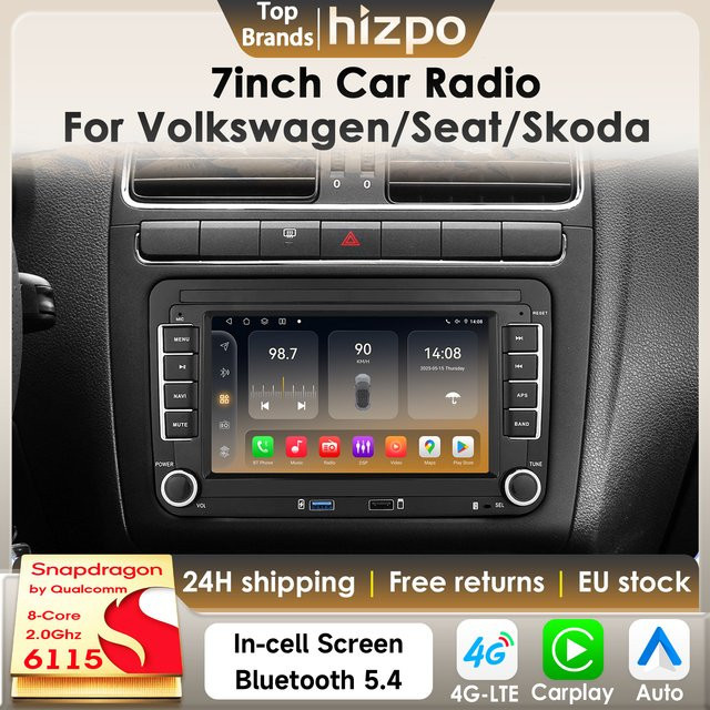 Hizpo 7-Zoll Carplay Android Autoradio mit GPS in Schwarz für VW Polo Golf 5 6 Plus Passat B6 Jetta Tiguan Touran Sharan Scirocco Caddy und Seat - Bild 1