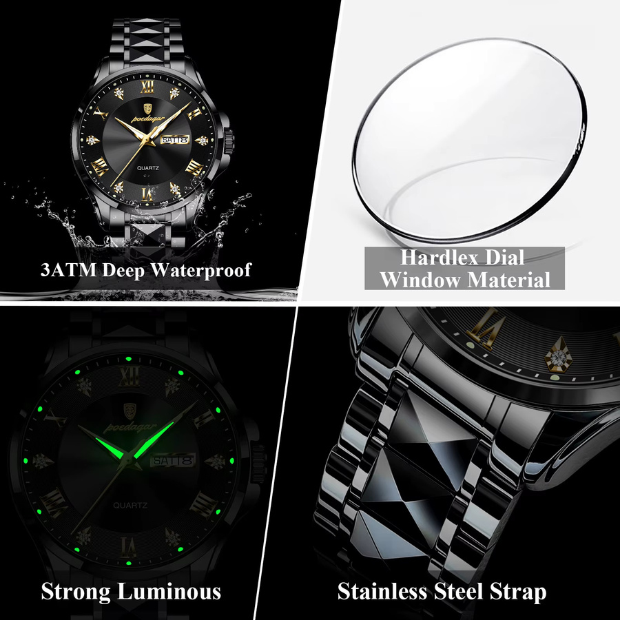 POEDAGAR Armbanduhr Edelstahl, Quarz, Schwarz, Herren - Bild 4