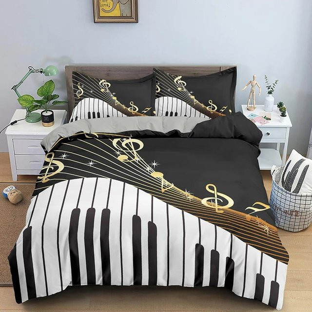 Bettwäsche-Set mit Musiknoten und Klaviertasten in Schwarz, 2-teiliges Set aus Microfaser für Kinder, B/H: 135 x 200 cm - Bild 1