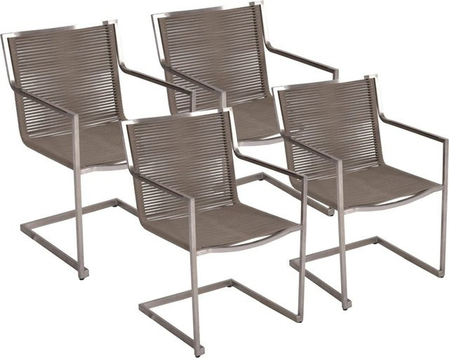 DELUKE Gartenstuhl 4er Set DORTE Freischwinger aus Edelstahl in Grau mit Textilene-Bespannung und Armlehnen, wetterfest - Bild 1