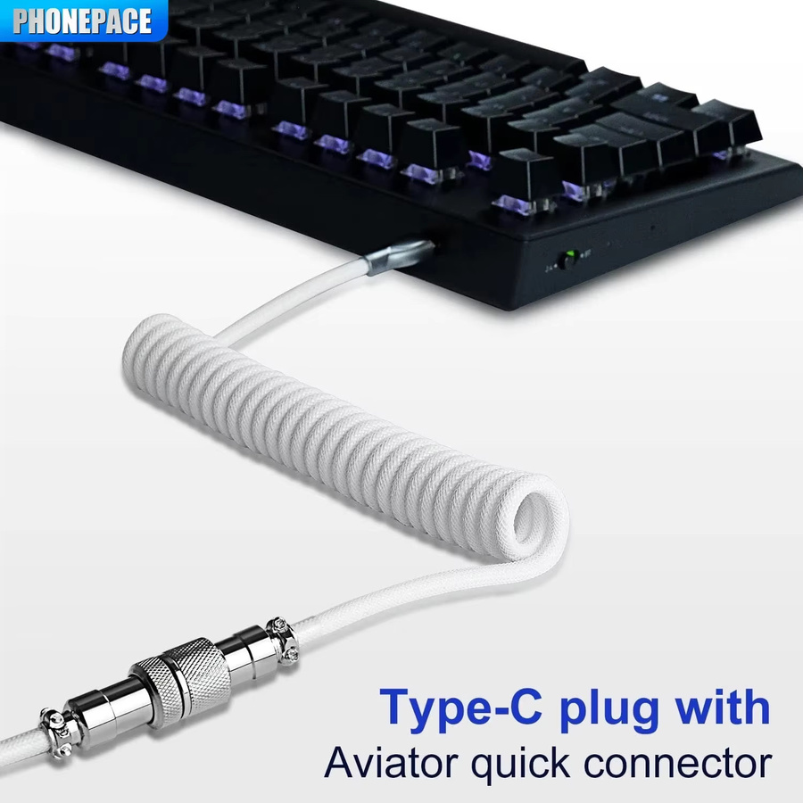 Weißes Spiralkabel für mechanische Tastaturen mit USB-Typ-C-Fliegeranschluss, Länge: 3 m - Bild 2