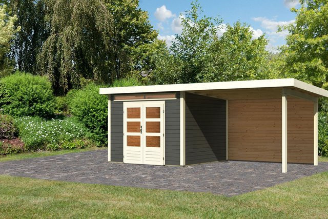 Gartenhaus aus Fichtenholz KARIBU KANDERN 6 in Terragrau mit Pultdach, Anbaudach und Rückwand, B/T: 274 x 274 cm, Wandstärke: 28 mm - Bild 1